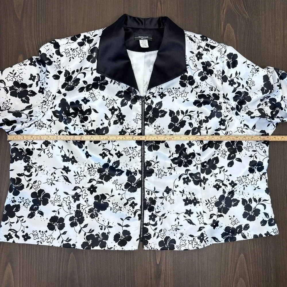 R&M Richards Woman Jacket 34W Black White Floral Zip-Up Sequins Special Occasion